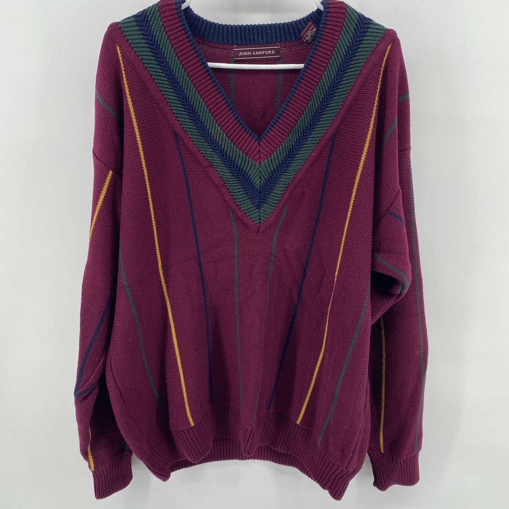 John Ashford Sweater Mens Large‎ Red Cotton Striped V Panel Crewneck Pullover